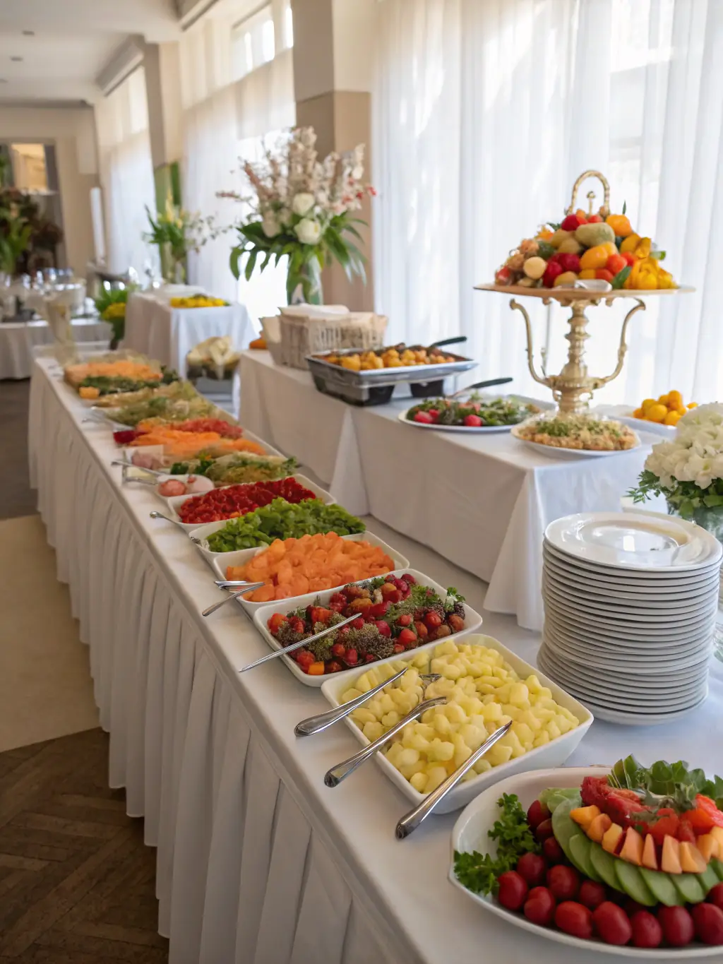 A close-up shot of a beautifully arranged buffet table at a wedding catered by Flavour Fest, showcasing the elegant presentation, diverse food options, and attention to detail.
